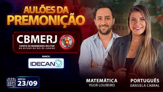 AULÕES DA PREMONIÇÃO CBMERJ - PORTUGUÊS E MATEMÁTICA - 09/2025  - 3 aulões de revisão AO VIVO de Português e Matemática focados no concurso do CORPO DE BOMBEIROS MILITAR DO ESTADO DO RIO DE JANEIRO para o cargo de Soldado.