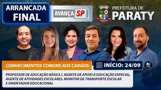 ARRANCADA FINAL - PREF. PARATY-RJ - NÍVEIS MÉDIO E SUPERIOR - 09/2024  - 12 AULÕES AO VIVO de revisão para as provas de NÍVEL MÉDIO e NÍVEL SUPERIOR da PREFEITURA MUNICIPAL DE PARATY-RJ.